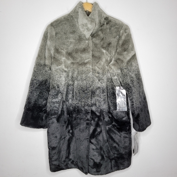 Pamela McCoy NEW Medium Faux Fur Gray Black‎ Ombre Long Women's Jacket Coat - Picture 1 of 5